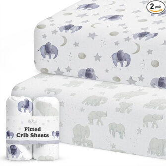 Crib sheets with elephants.