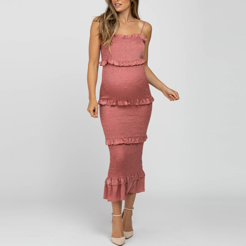 PinkBlush Mauve Satin Smocked Fitted Maternity Midi Dress