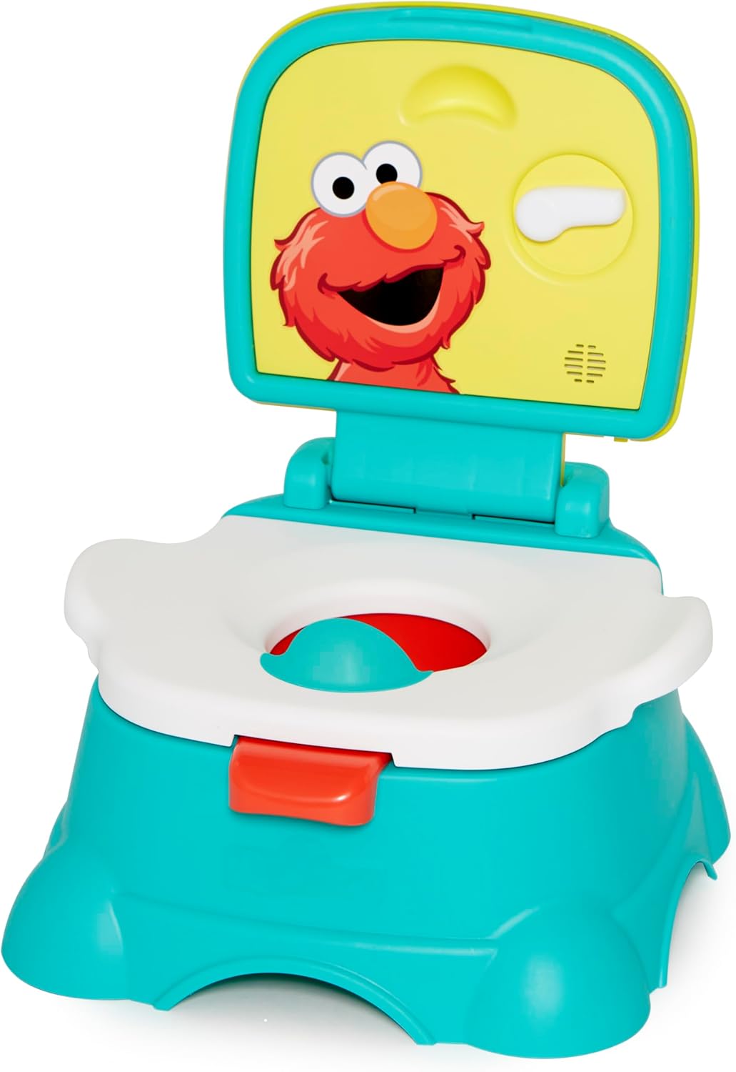 The lid of a teal potty seat is raised to how Elmo in front of a yellow background.