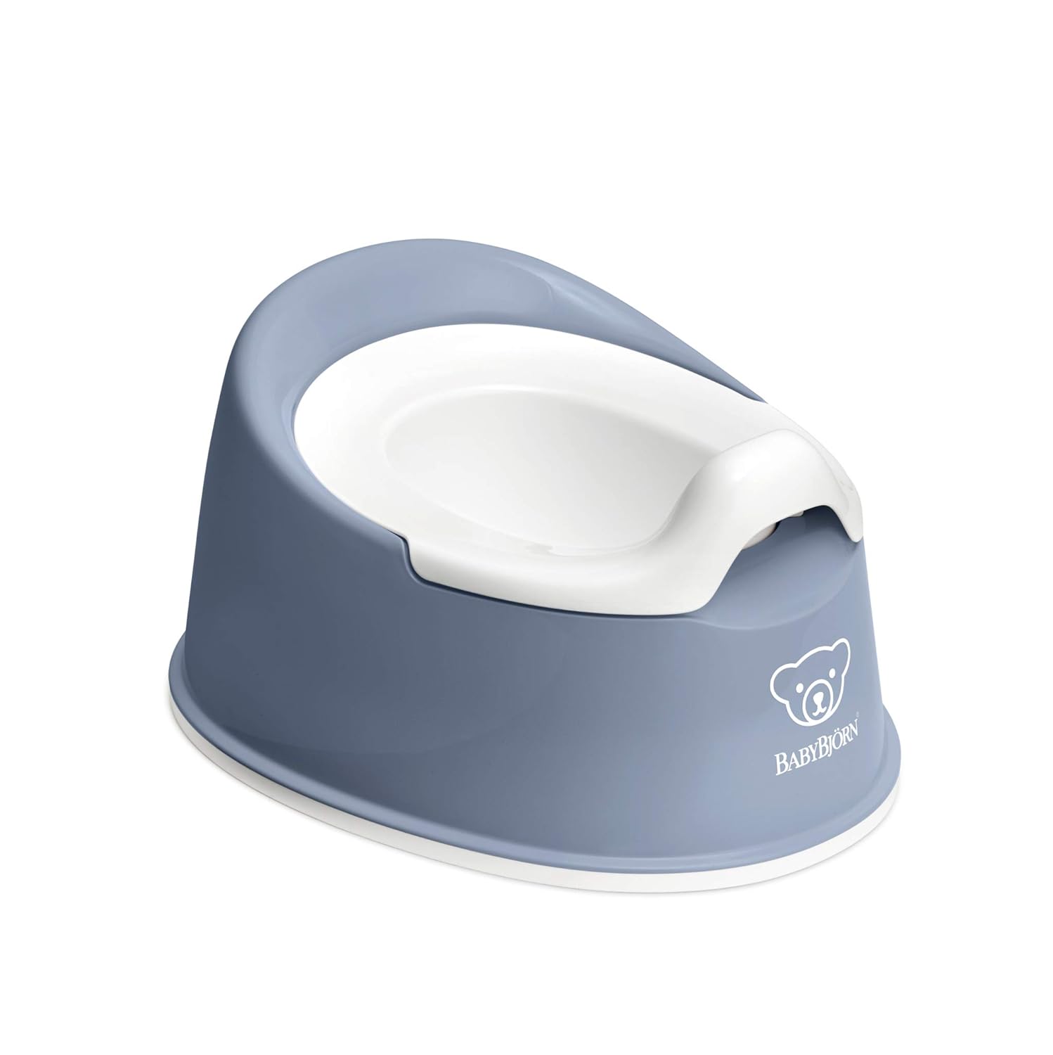 Grey potty chair with a white pot insert.