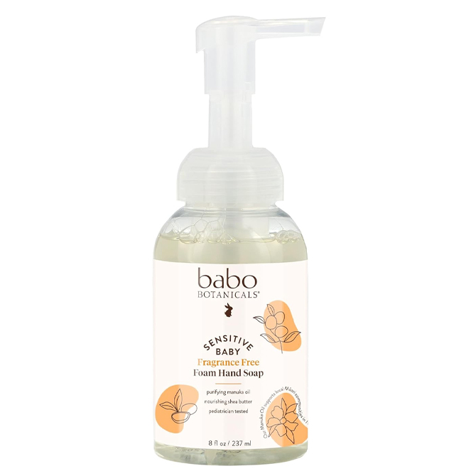 Foaming hand soap bottle with a Babo Botanicals label.