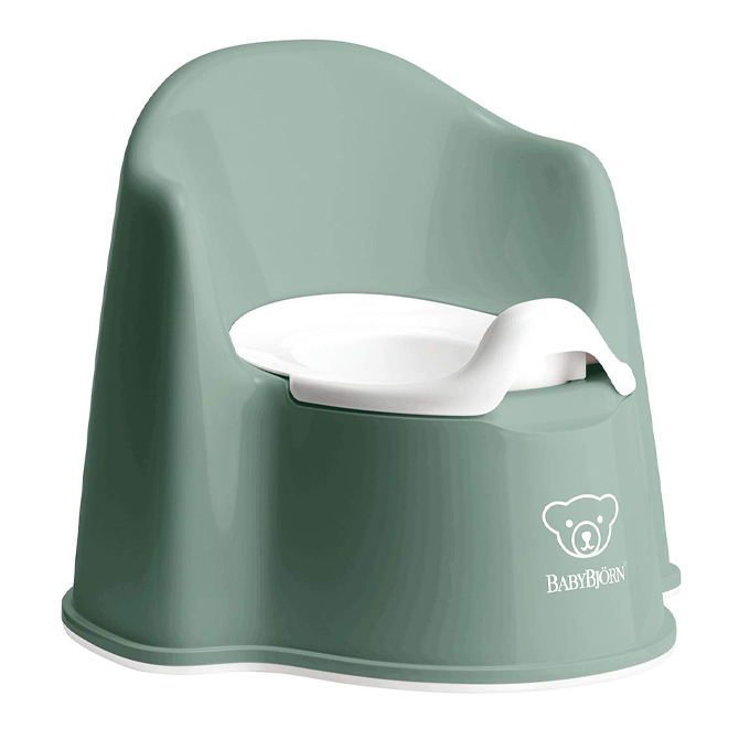 Dark green potty chair with a high back and a white potty bucket.