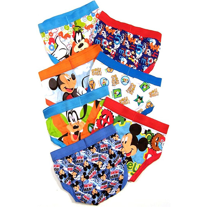 Seven pairs of boys' underwear with Mickey Mouse patterns.