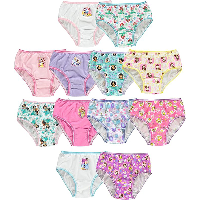 A variety of girls' underwear in colorful Disney Princess patterns.