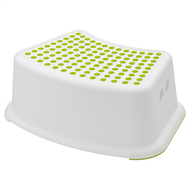 White single-step stool with green dot grips.