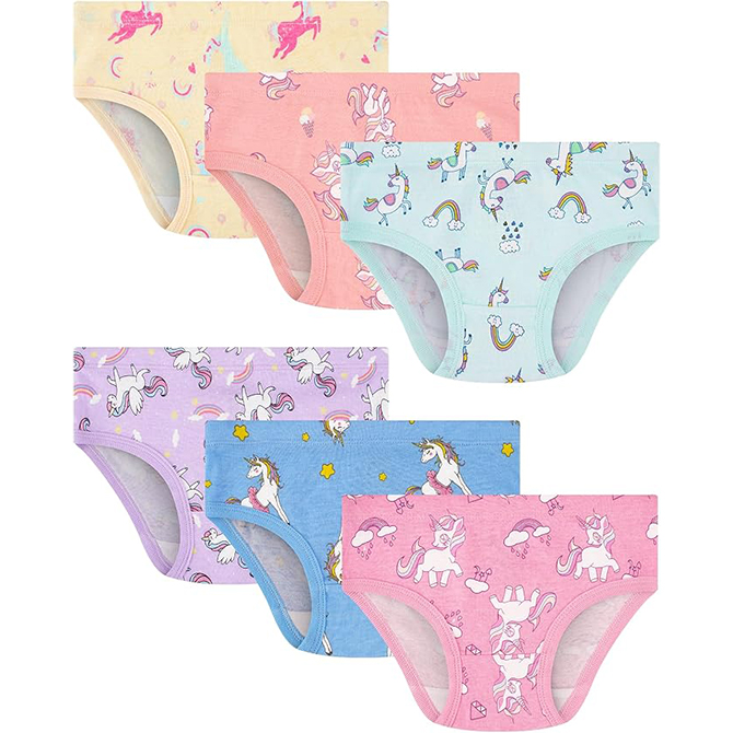 Six pairs of girls' underwear in colorful patterns.