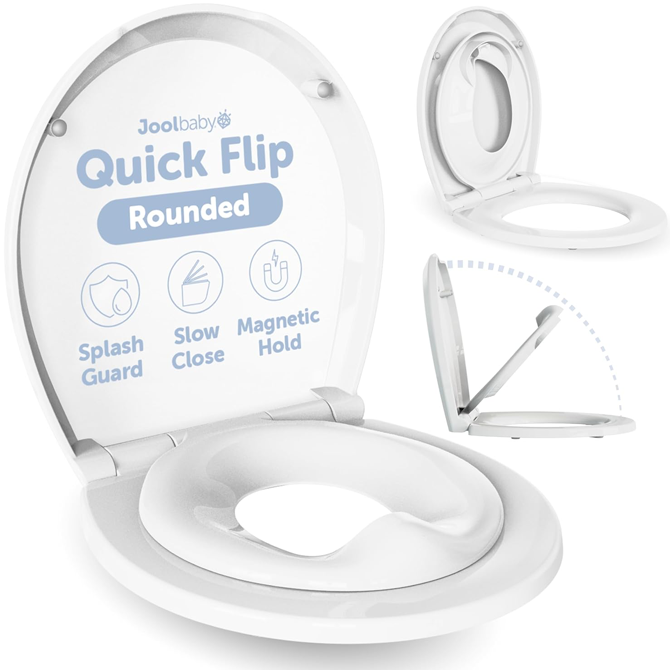 A toilet seat with a lid, a toddler sized seat and an adult sized seat is shown in several different settings.