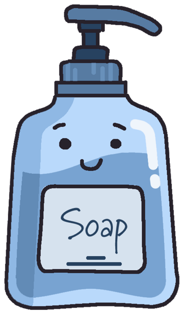 Cartoon of smiling pump soap container.