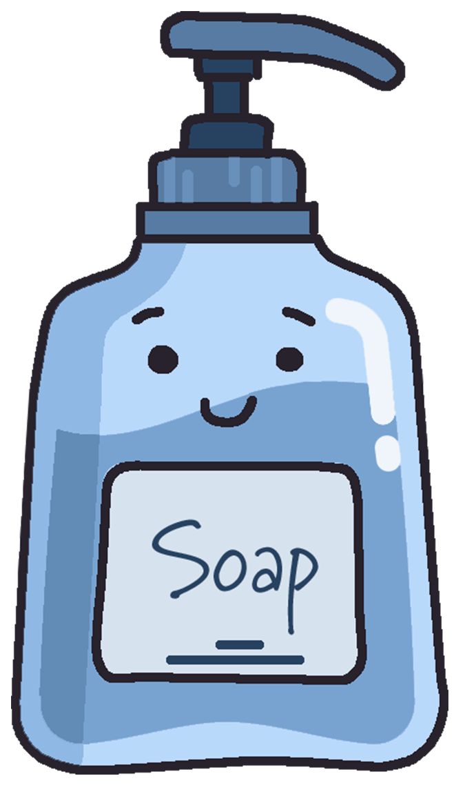 Cartoon of smiling pump soap container.
