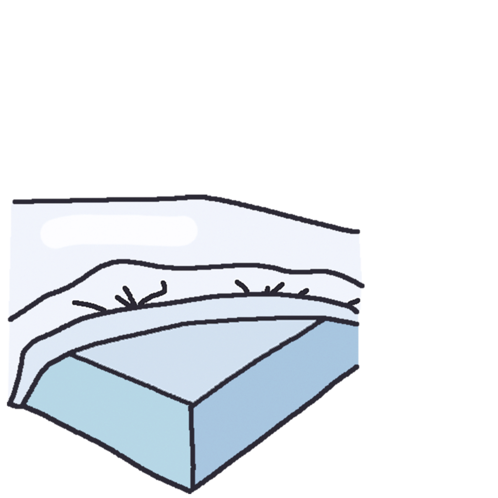 Cartoon of a mattress peaking out where a mattress cover is not pulled over the corner.