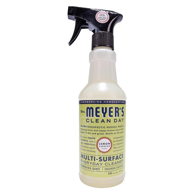 Spray bottle of Mrs. Meyer's all-purpose cleaner.
