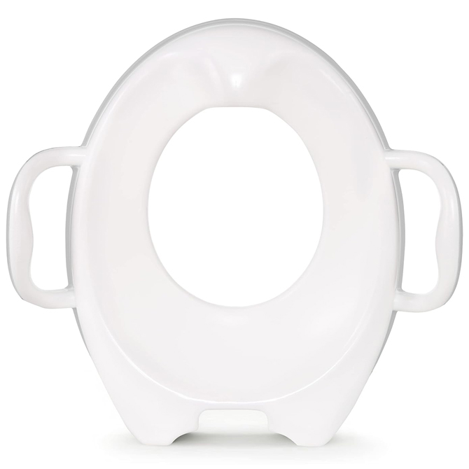 White child's potty seat with handles.