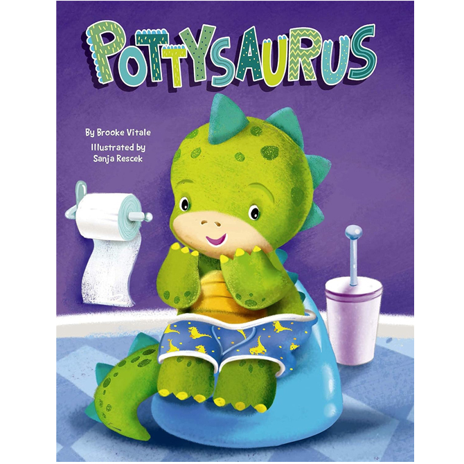 Book Cover says Pottysaurus while showing a green childlike dinosaur on the potty chair.