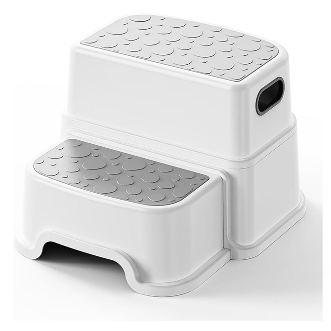 White two-step stool with grey step grips.