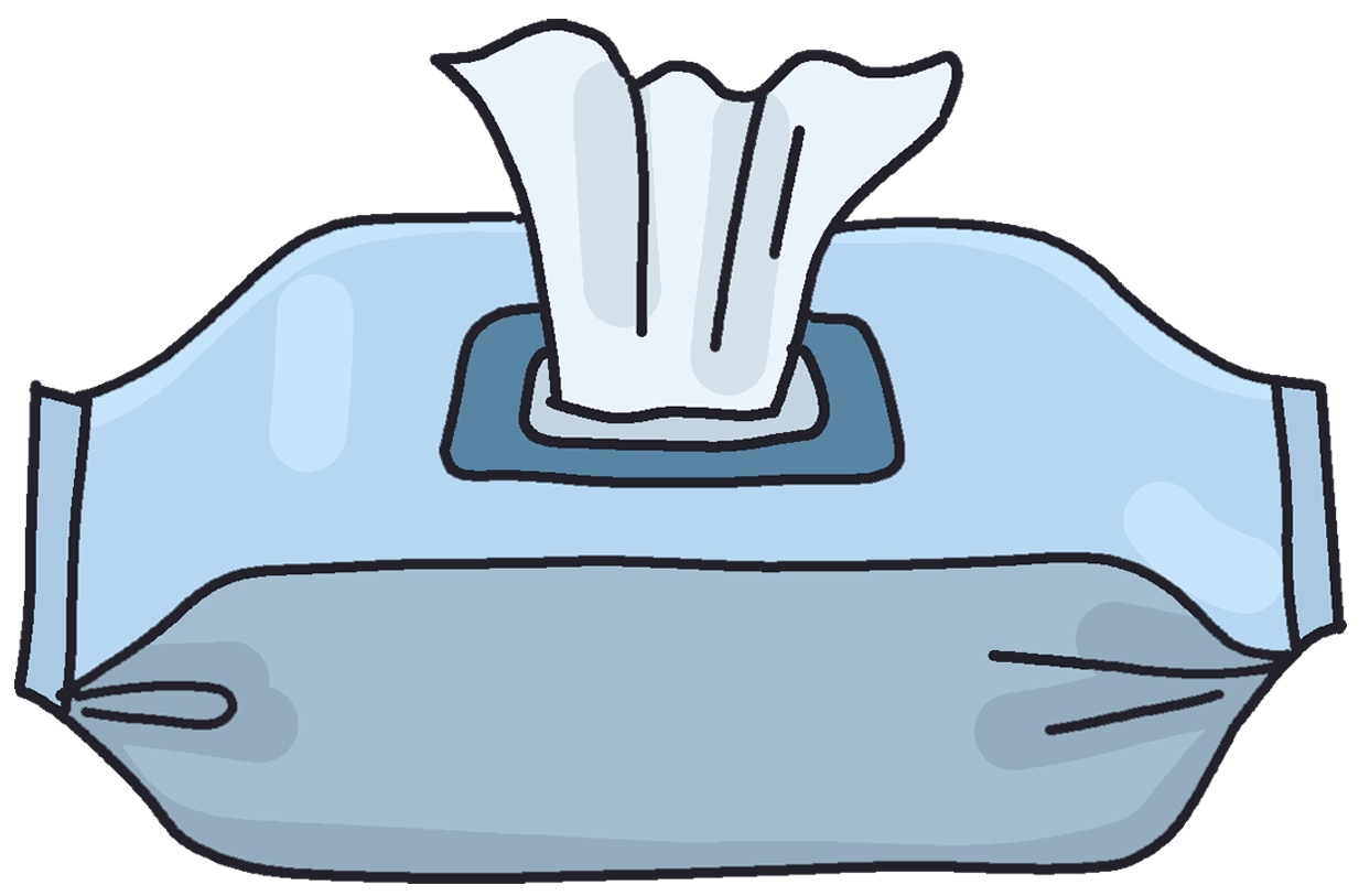 Cartoon of a wipe coming out of the package.