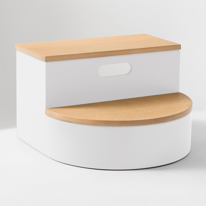 White two-step stool with light wood steps.