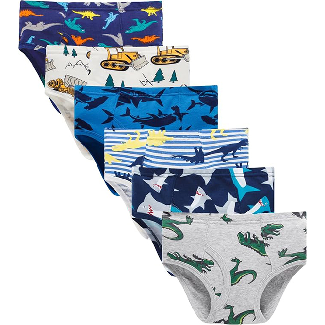 Six pairs of boys' underwear in a variety of patterns in blue.
