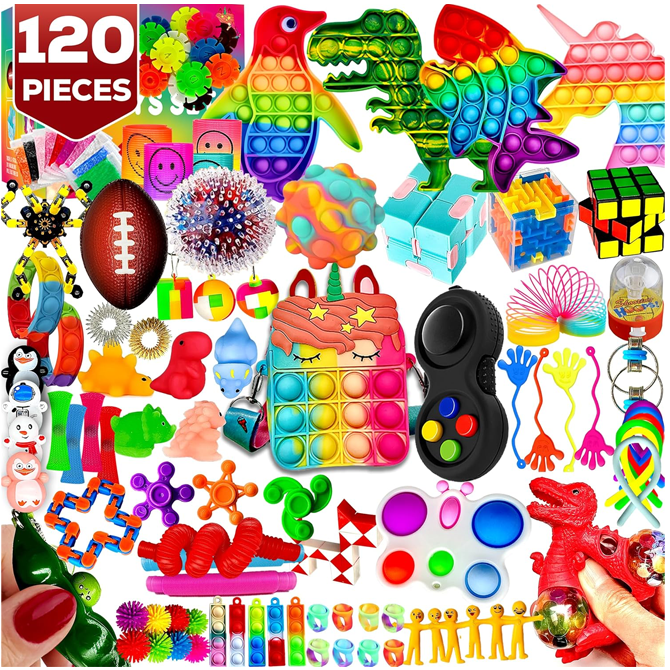 A varitey of fidget toys appear with the text "120 pieces".
