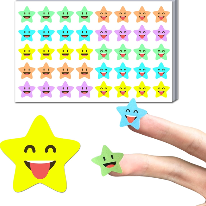 Bright star shaped stickers with faces.