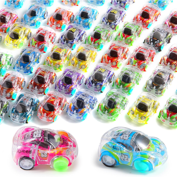 Rows of colorful plastic toy cars.