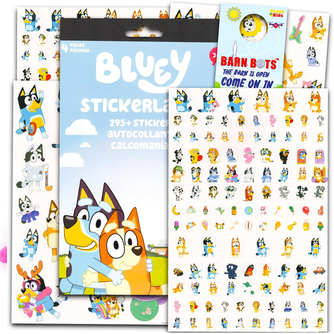 A Bluey sticker book with pages of stickers.