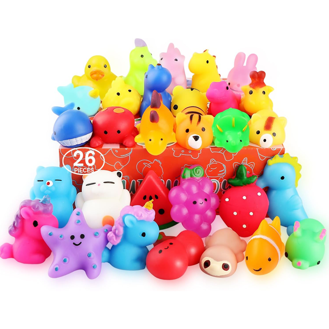 A pile of colorful squishy toys in various animal shapes.