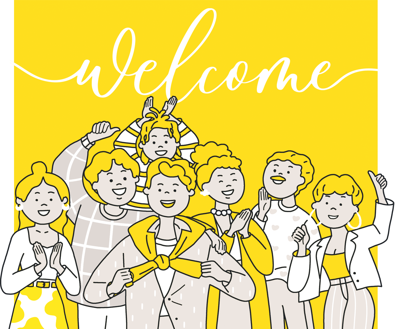 Text that says 'Welcome' with illustrations of people clapping and cheering.